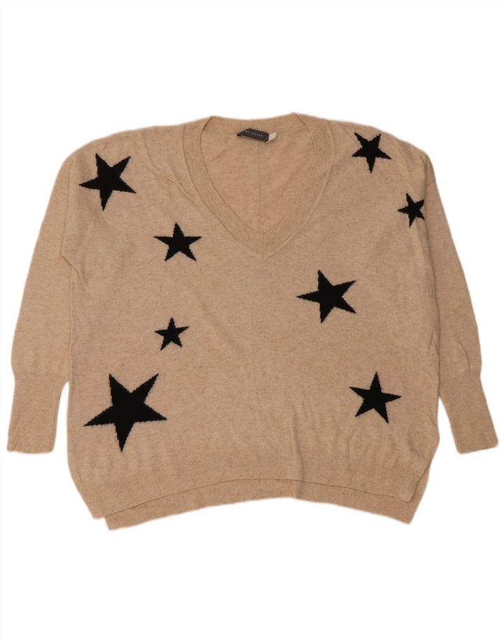 MINT VELVET Pull à col en V pour femme Motif abstrait UK 10 Petit Beige