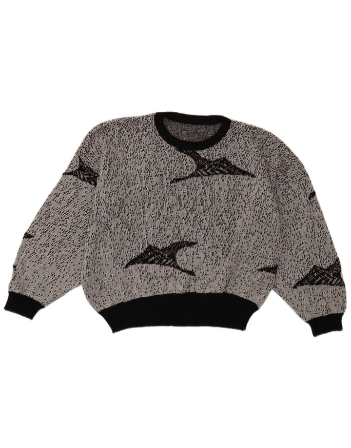 vintage Femmes Crop Abstract Pattern Crew Neck Jumper Sweater UK 18 XL Gris