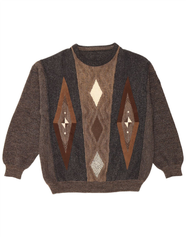 VINTAGE Pull ras du cou pour homme IT 50 Grande laine géométrique marron