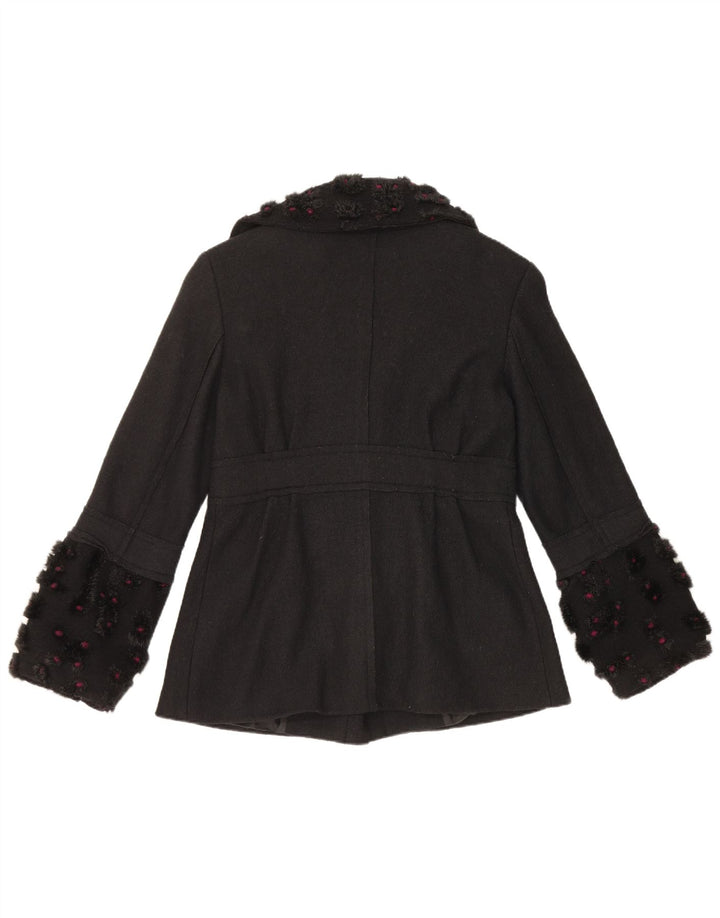vintage Femme Double Breasted Coat UK 12 Laine Noire Moyenne