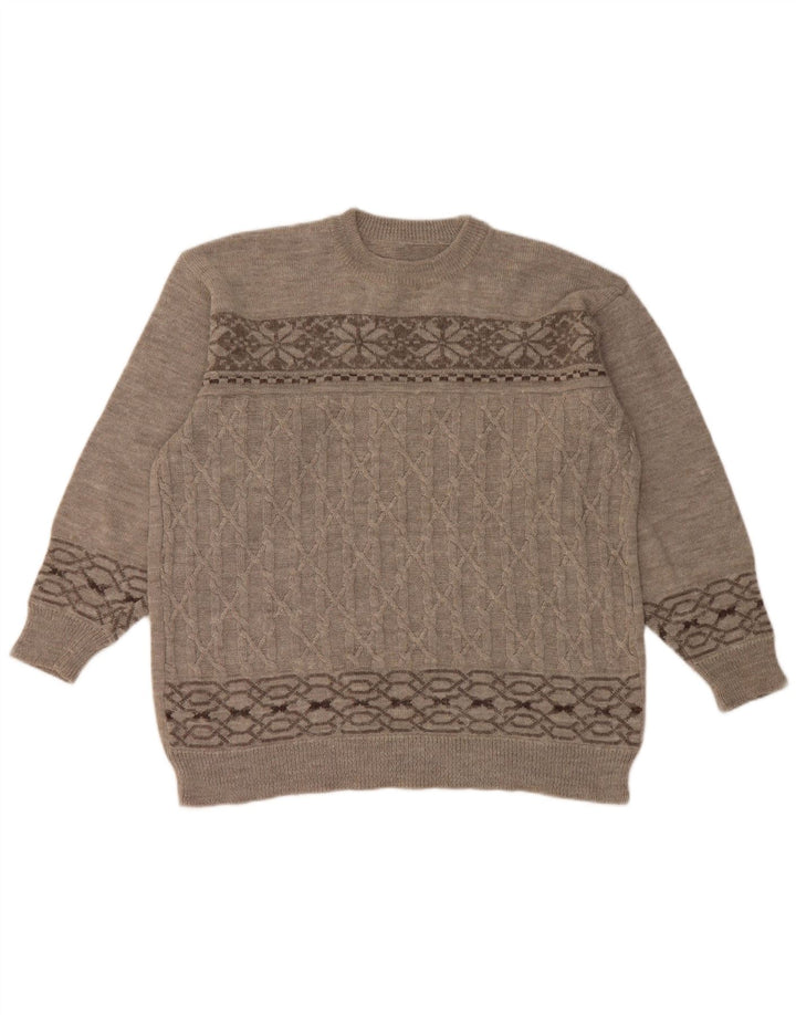 vintage Mens Crew Neck Jumper Pull Grand Gris Fair Isle