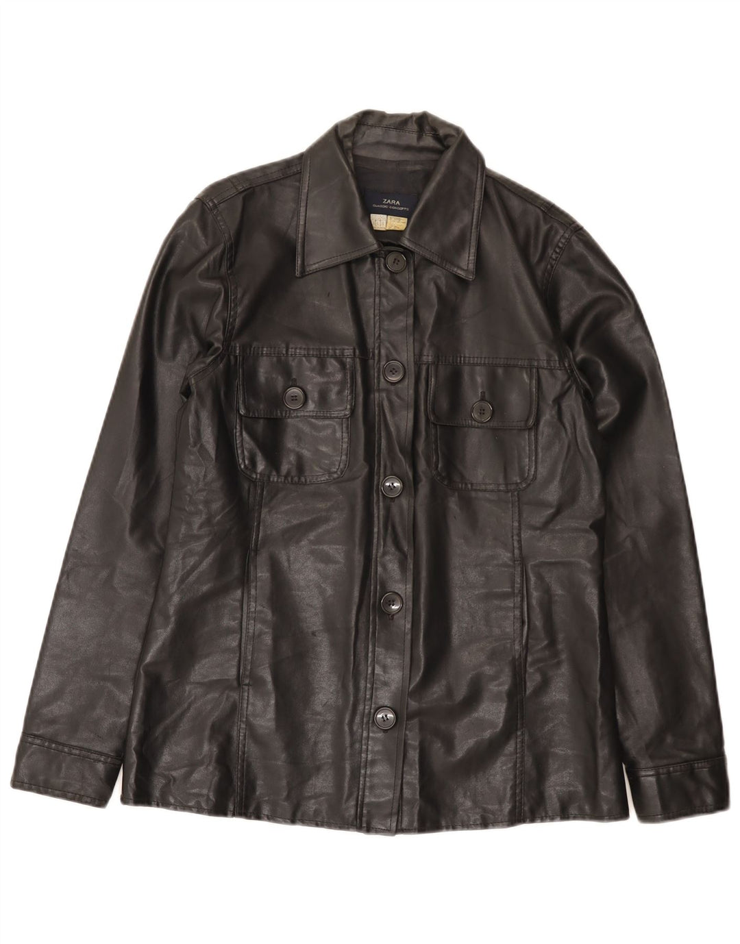 Zara Veste utilitaire en simili cuir pour femme EU 38 Petit coton noir