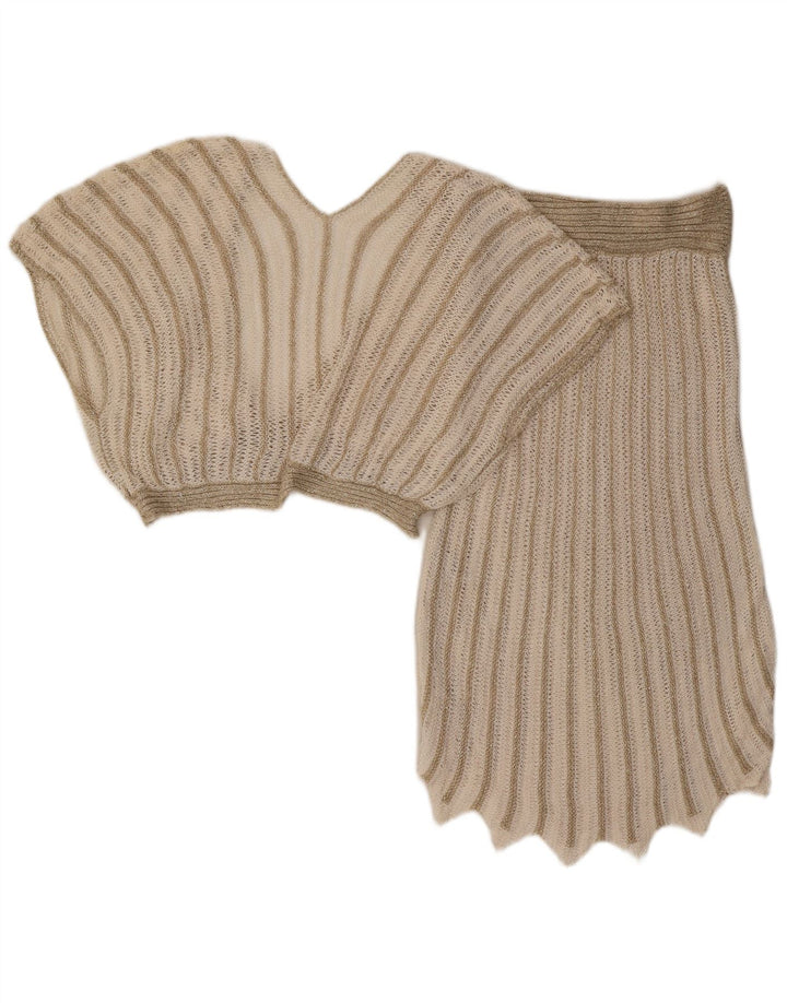 vintage Femme 2 Pièces Jupe Ensemble UK 8 Petit W26 Beige Rayé Acrylique