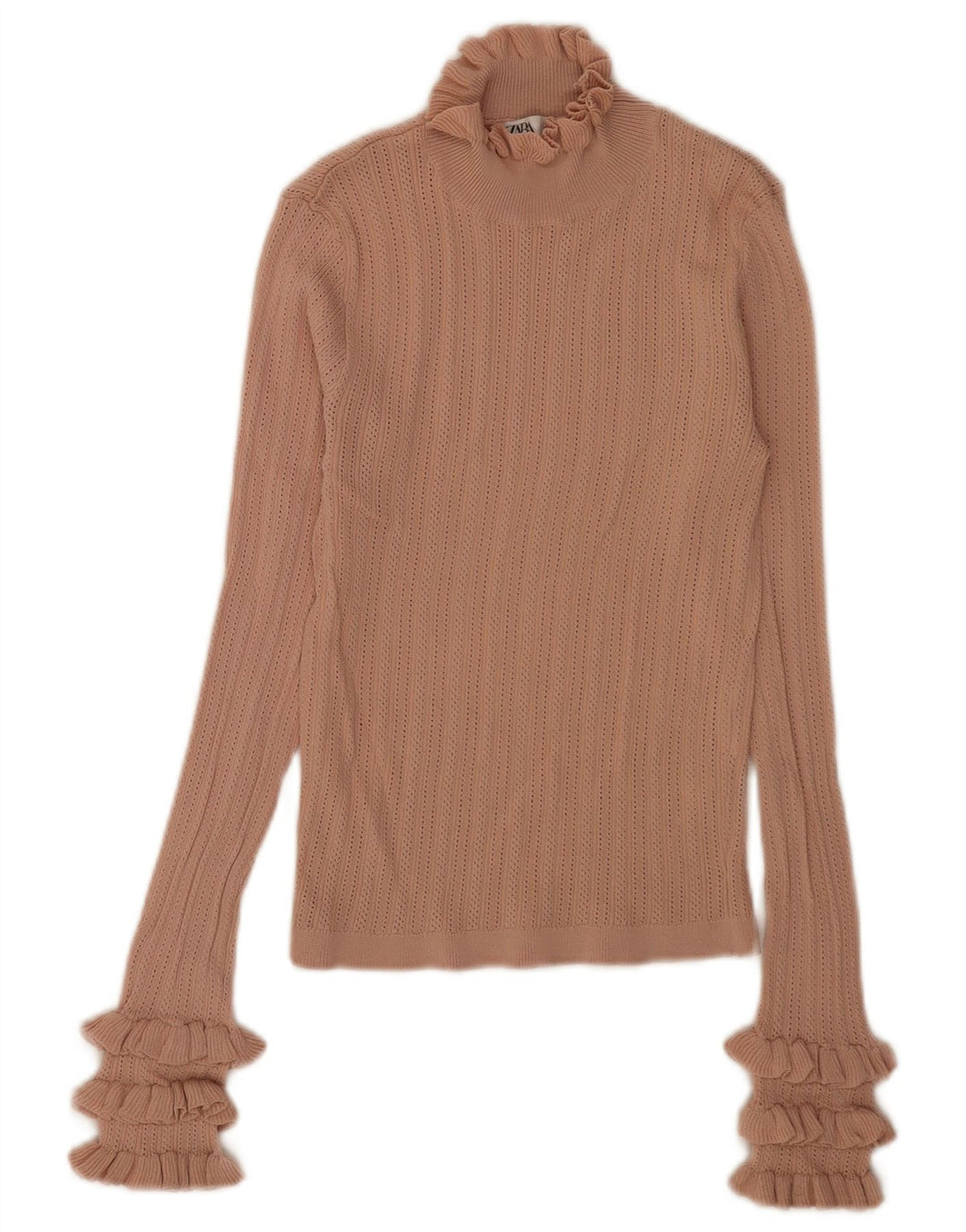 Zara Femme Crop Top Manches Longues UK 10 Small Beige Viscose