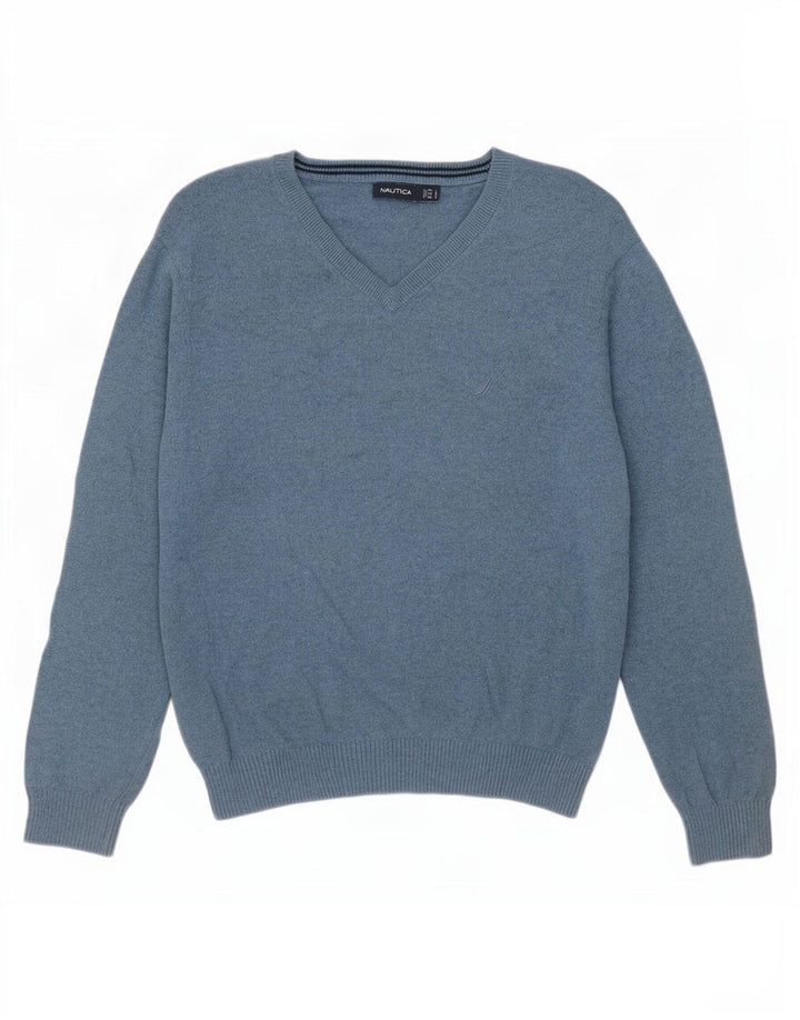 Nautica Pull col V pour homme en coton bleu Taille L