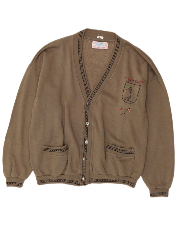 vintage Mens Graphic Cardigan Pull XL Beige Coton