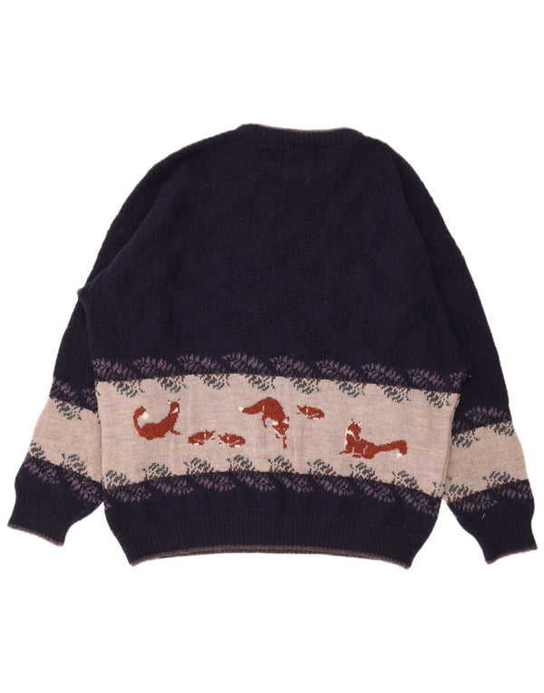 vintage Mens Graphic Crew Neck Jumper Pull XL Violet Colourblock Laine