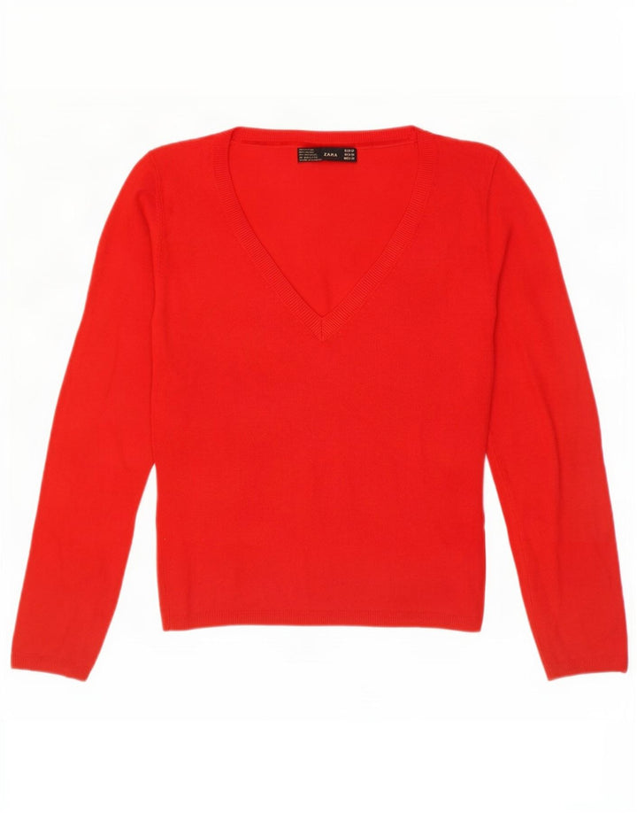 Zara Pull col V pour femme UK 12 Rayonne rouge moyen