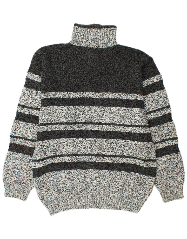 vintage Mens Zip Neck Jumper Pull Moyen Gris Rayé Acrylique