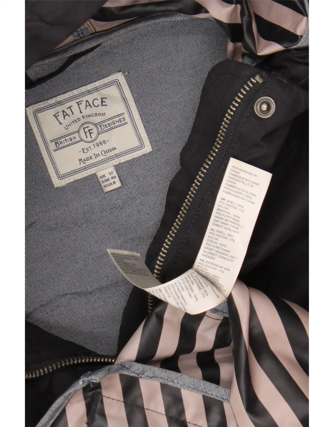 Fat Face Veste de pluie à capuche pour femme UK 12 Bleu marine moyen Polyester