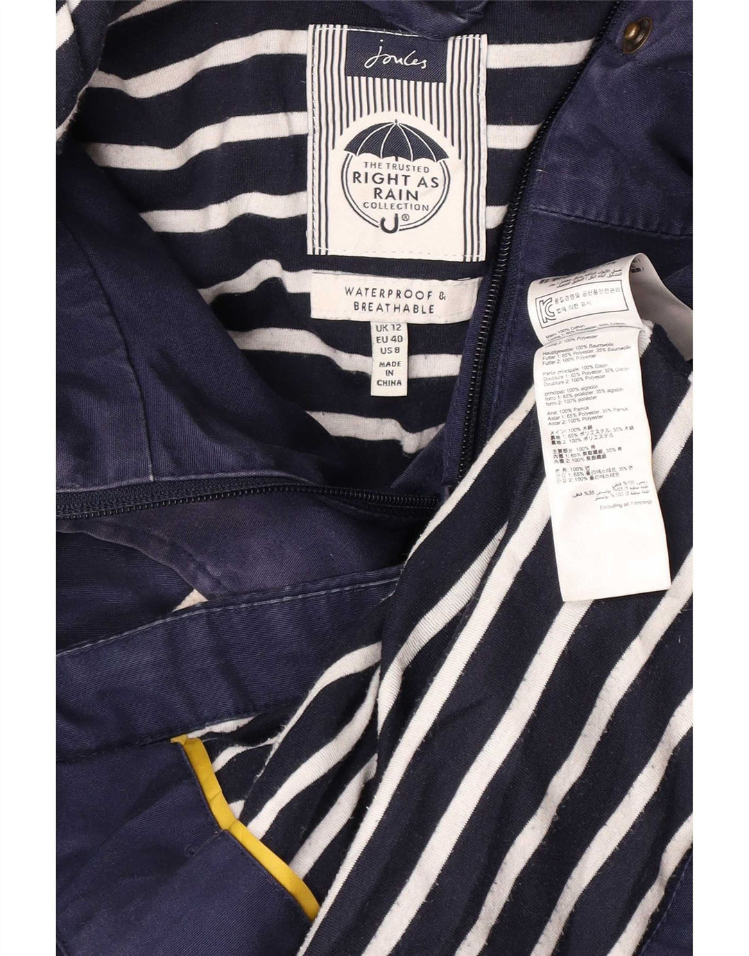 Joules Veste de pluie à capuche pour femme UK 12 Bleu marine moyen Coton