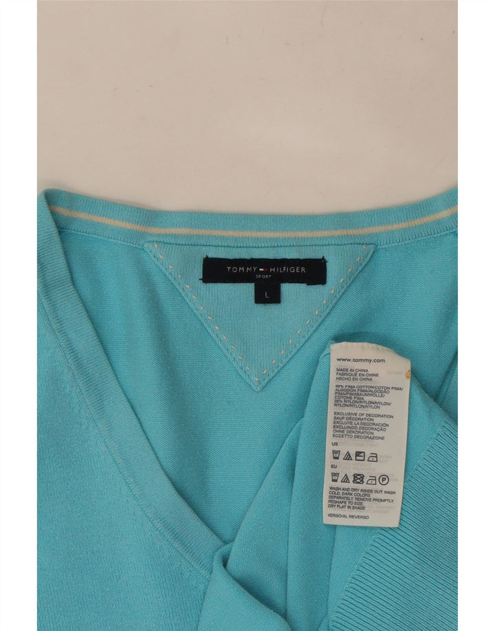 TOMMY HILFIGER Pull col en V pour femme UK 14 Large Bleu Coton