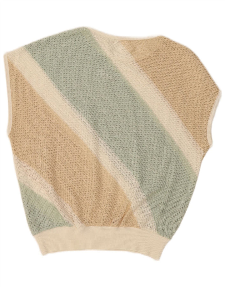 VINTAGE Femme Gilet Débardeur UK 16 Grand Beige Rayé