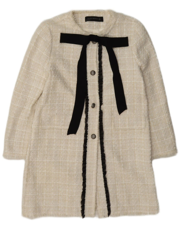 Zara Veste blazer longue à 3 boutons pour femme UK 12 en coton à carreaux blanc moyen