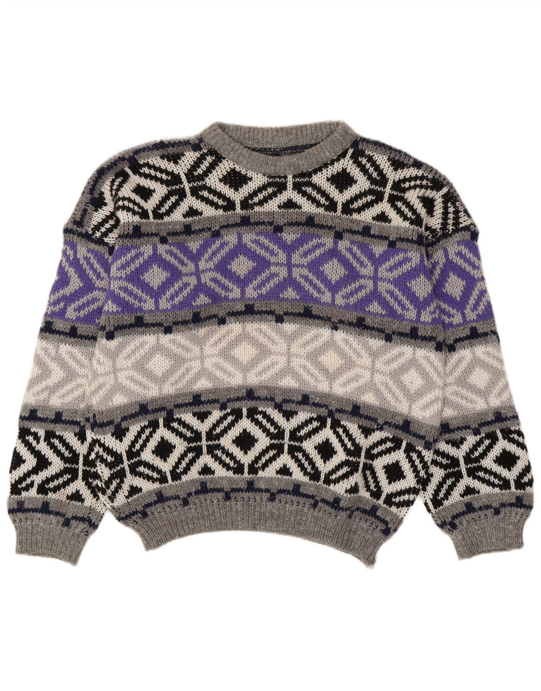 vintage Mens Crew Neck Jumper Pull Petit Gris Fair Isle