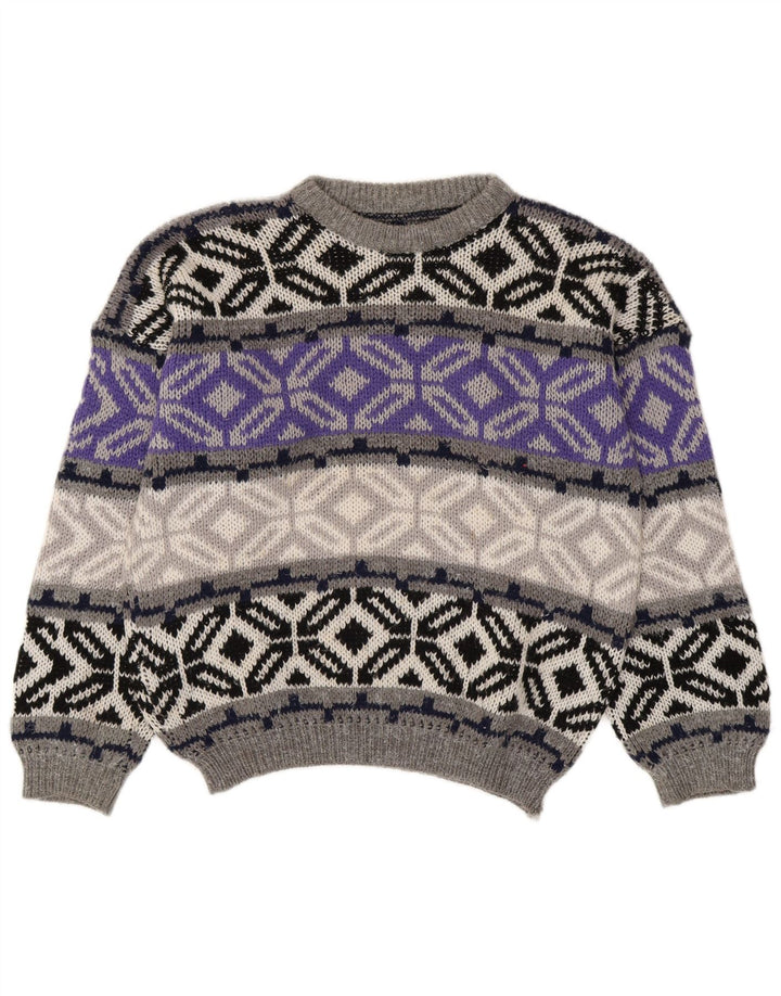 vintage Mens Crew Neck Jumper Pull Petit Gris Fair Isle
