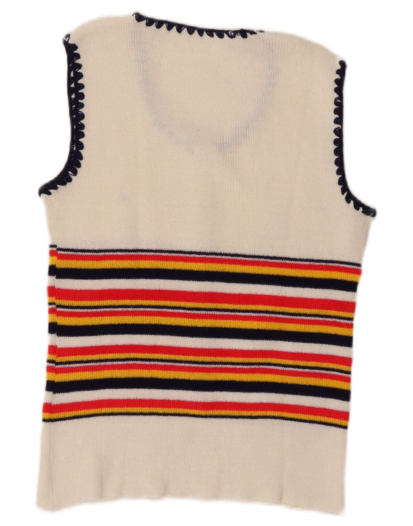 vintage Womens Vest Tank Top UK 8 Petit Blanc Rayé