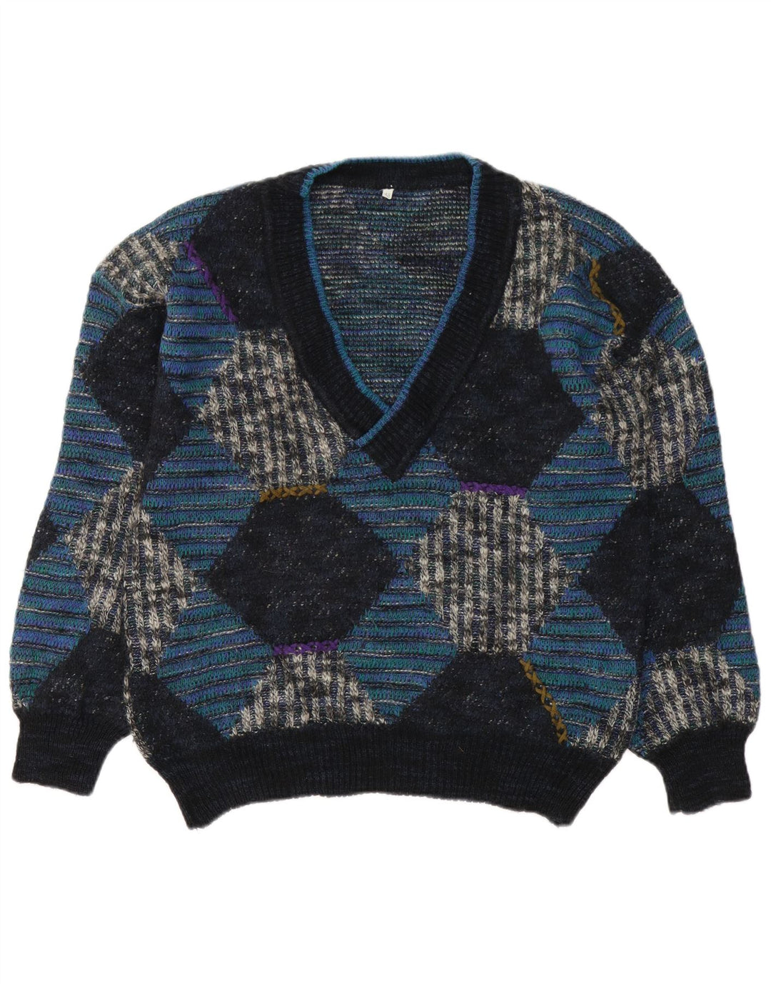 vintage Homme Col V Pull Pull IT 48 Bleu Moyen Argyle/Diamond Laine
