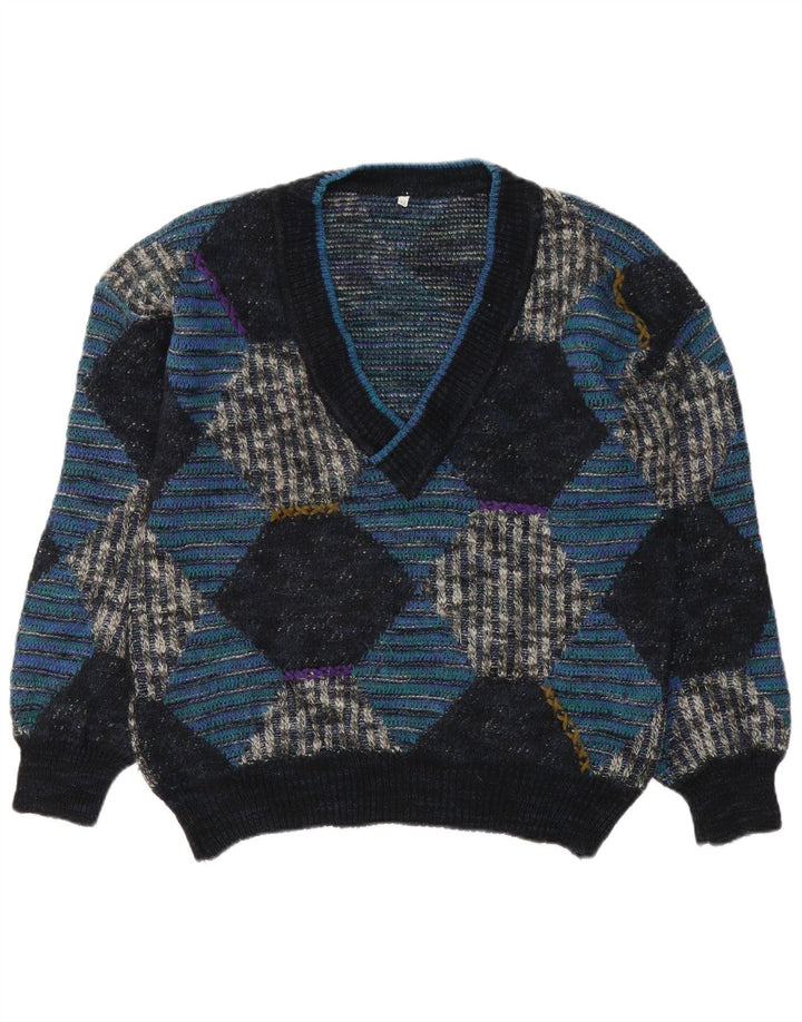 vintage Homme Col V Pull Pull IT 48 Bleu Moyen Argyle/Diamond Laine