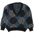vintage Homme Col V Pull Pull IT 48 Bleu Moyen Argyle/Diamond Laine