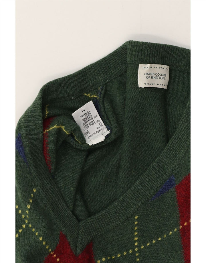 BENETTON Pull Col V Homme Vert Moyen Argyle/Diamond Laine