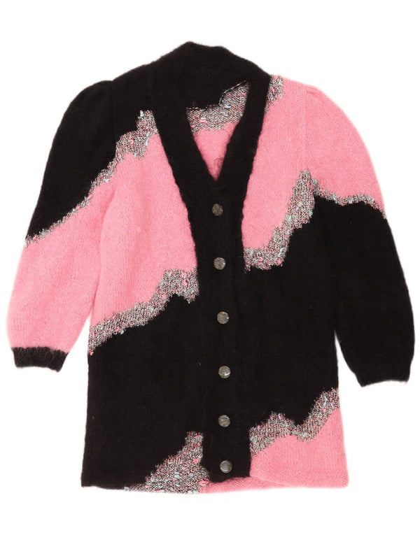 vintage Femme Longline Cardigan Pull UK 14 Medium Pink Colourblock