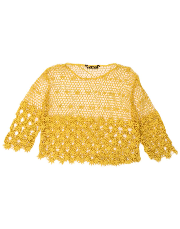 Zara Womens See Through Crochet Top Manches 3/4 UK 14 Jaune Moyen