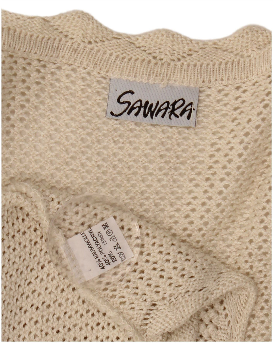 VINTAGE Femmes Crop Sans Manches Crochet Cardigan Pull UK 14 Grand Beige