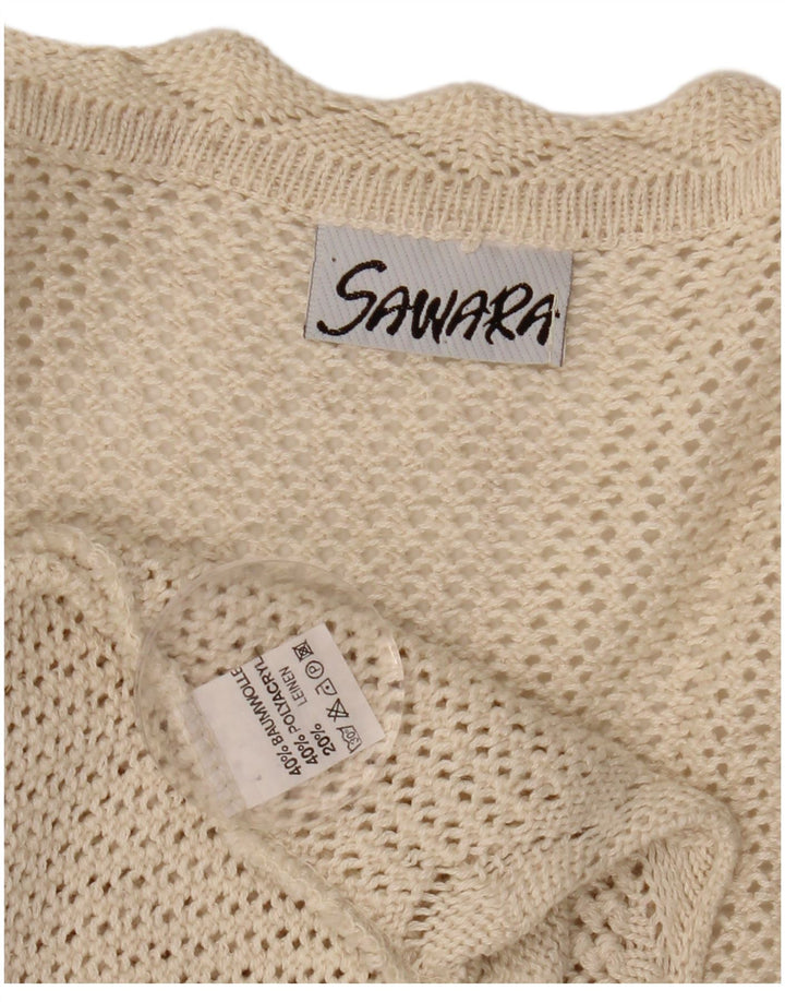 VINTAGE Femmes Crop Sans Manches Crochet Cardigan Pull UK 14 Grand Beige