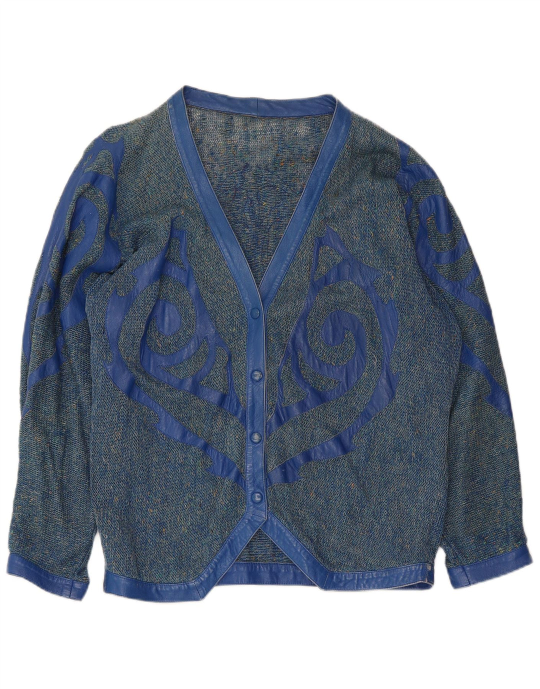 VINTAGE Femme Graphique Cardigan Pull UK 16 Grand Bleu Moucheté