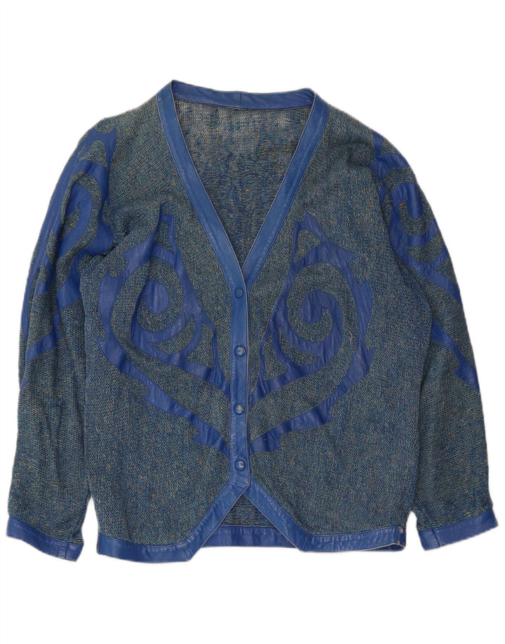 VINTAGE Femme Graphique Cardigan Pull UK 16 Grand Bleu Moucheté