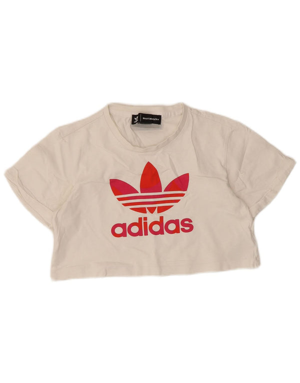 Adidas Womens Crop Graphic T-Shirt Top UK 6 XS Blanc Coton