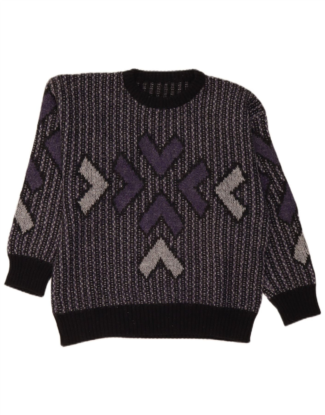 VINTAGE Femme Crew Neck Jumper Pull UK 16 Grande Laine Géométrique Violette