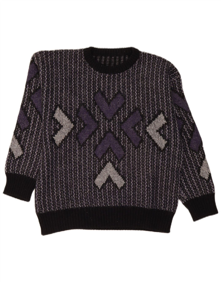 VINTAGE Femme Crew Neck Jumper Pull UK 16 Grande Laine Géométrique Violette