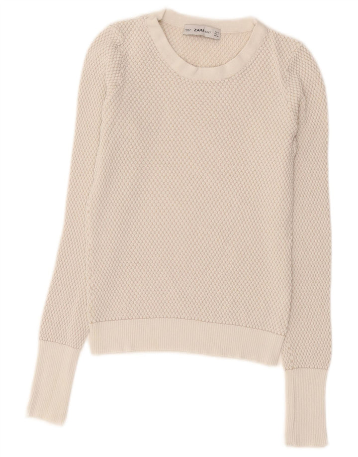 Zara Pull court à col rond pour femme UK 8 Petit Blanc