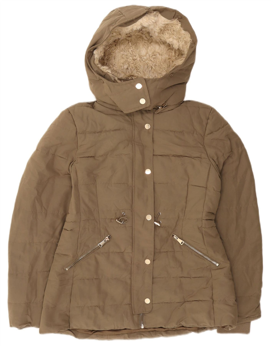 Zara Veste matelassée Sherpa à capuche pour femme UK 10 Petit Kaki Polyester