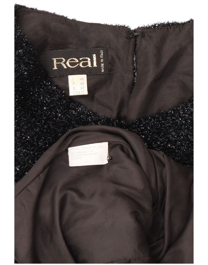 vintage Womens Crop Blouse Top EU 42 Grand Polyester Moucheté Noir