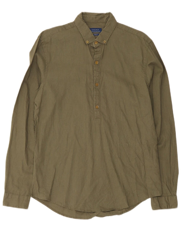Zara Chemise Slim Fit Pull-over En Lin Kaki Moyen Homme