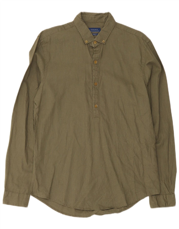 Zara Chemise Slim Fit Pull-over En Lin Kaki Moyen Homme