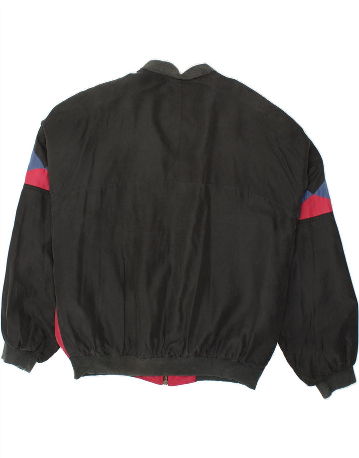 VINTAGE Homme Loose Fit Bomber Jacket UK 38 Moyen Noir Géométrique Soie