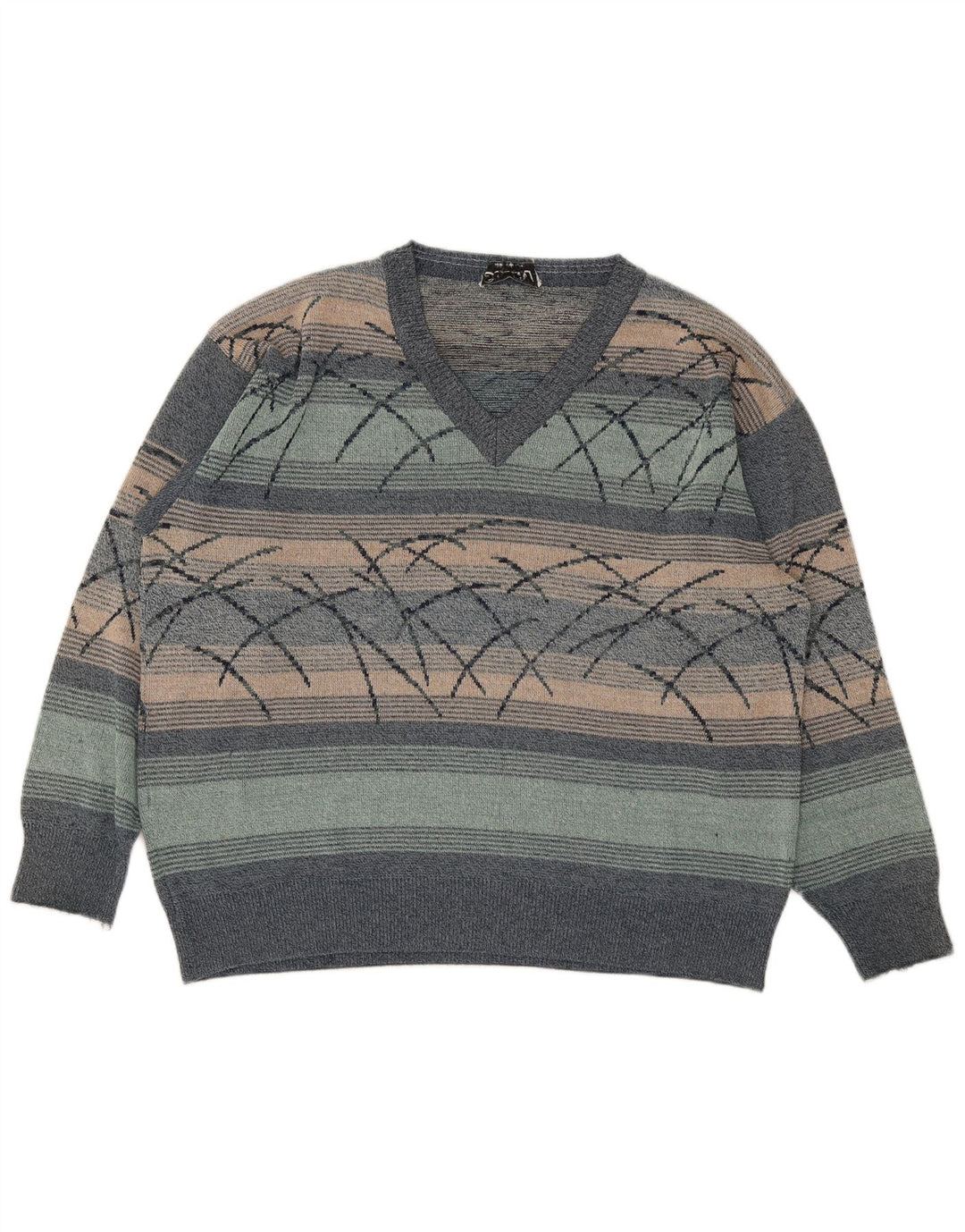 vintage Mens V-Col Jumper Sweater XL Multicolore Rayé