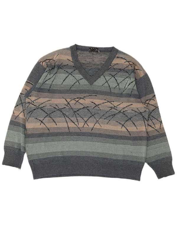 vintage Mens V-Col Jumper Sweater XL Multicolore Rayé