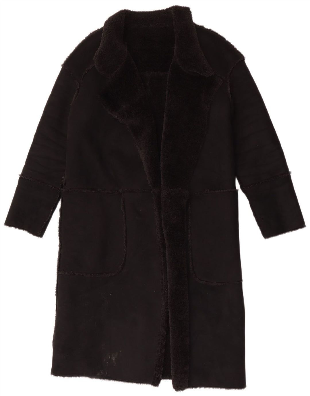vintage Femmes Sherpa Overcoat UK 12 Moyen Noir