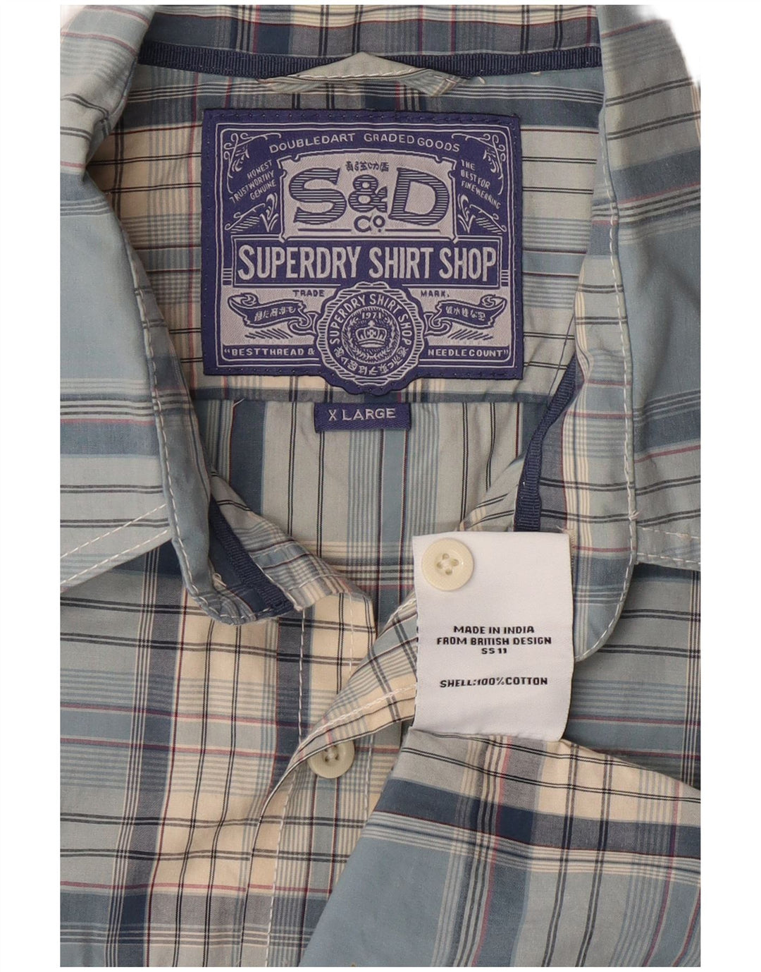 SUPERDRY Chemise à Manches Courtes Homme XL Bleu Carreaux Coton