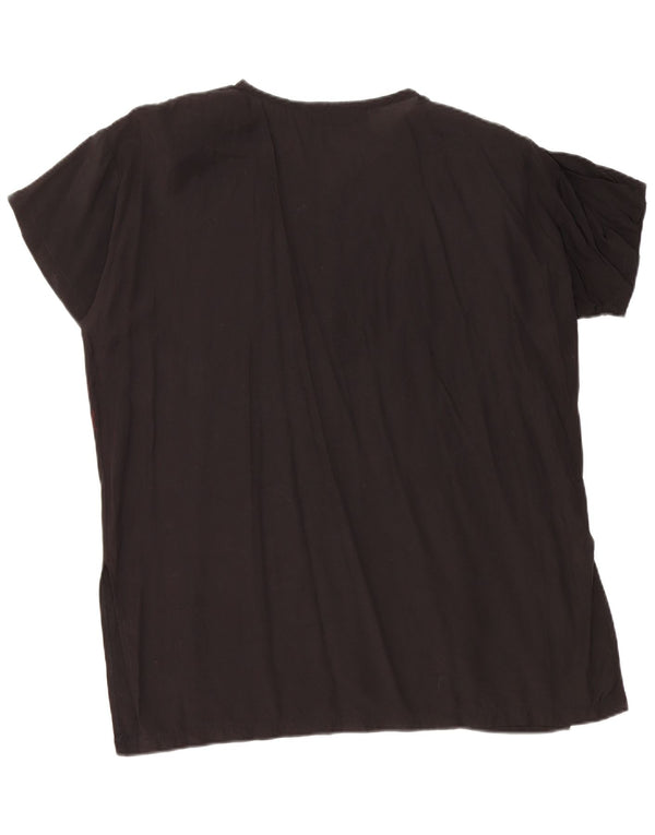 vintage Femmes Graphique Surdimensionné Blouse Top UK 14 Moyen Noir Floral