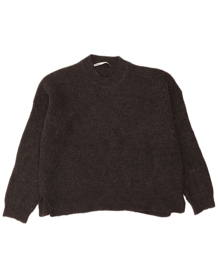 Zara Pull court surdimensionné à col rond pour femme UK 10 Petit Gris