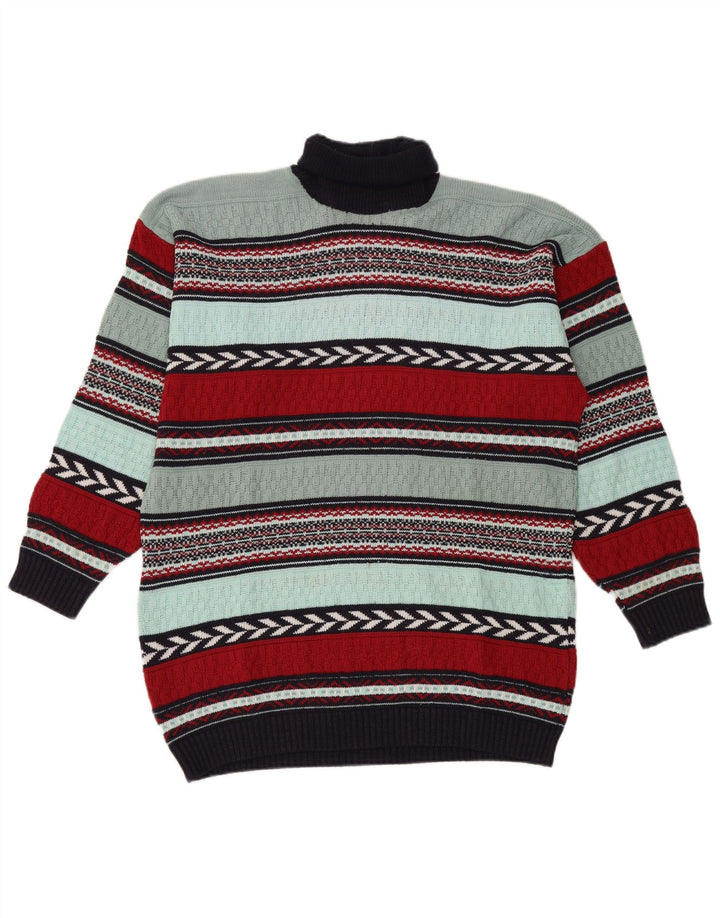 vintage Mens Roll Neck Jumper Pull Grande laine rayée multicolore