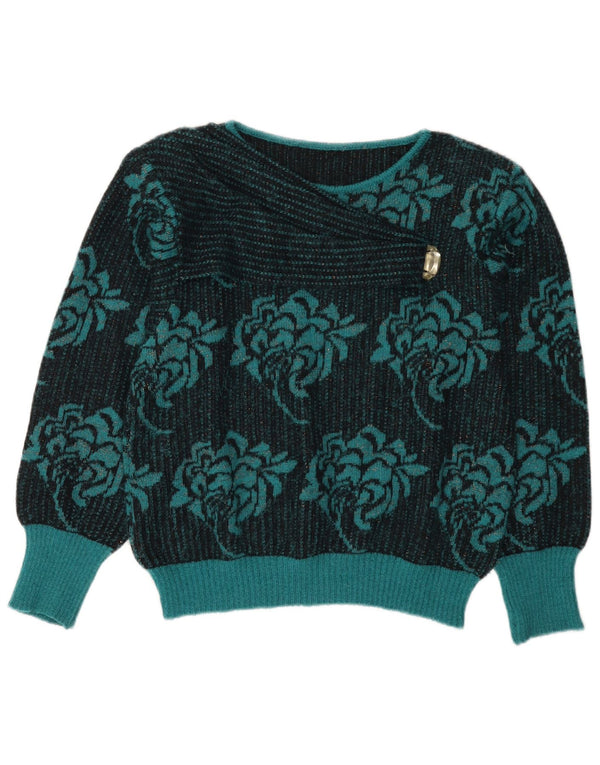vintage Femmes Bateau Cou Jumper Pull UK 14 Moyen Turquoise Floral