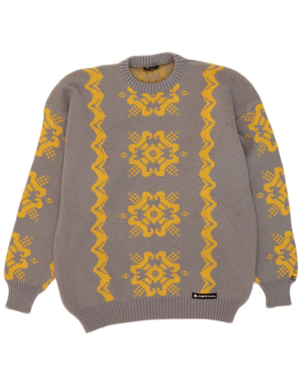 vintage Mens Crew Neck Jumper Pull IT 54 XL Gris Fair Isle Laine