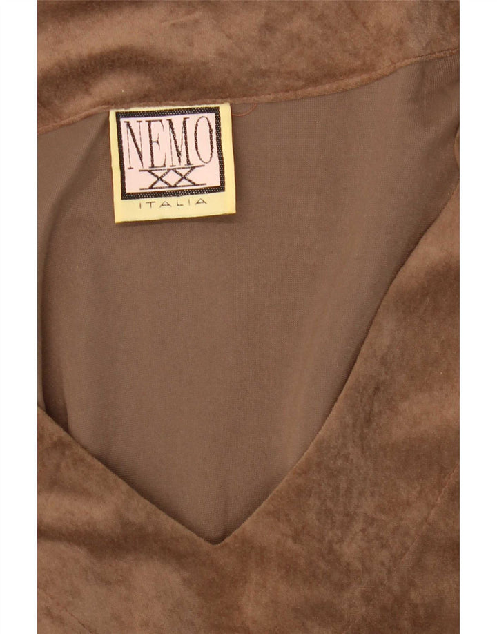 vintage Femmes Maxi Manches Longues Robe A-Line UK 12 Polyester Marron Moyen